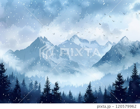 Mountains in Mist with Evergreen Trees 120579962