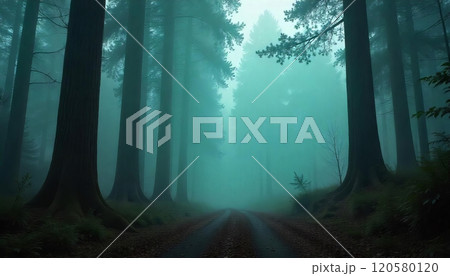 A dense forest shrouded in thick mist, with the outlines of trees barely visible A dense forest shrouded in thick mist, with the outlines of trees barely visible 120580120