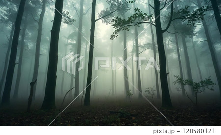 A dense forest shrouded in thick mist, with the outlines of trees barely visible A dense forest shrouded in thick mist, with the outlines of trees barely visible 120580121
