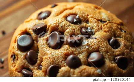A chocolate chip cookie with a rich, gooey texture and melty chocolate chips 120580144
