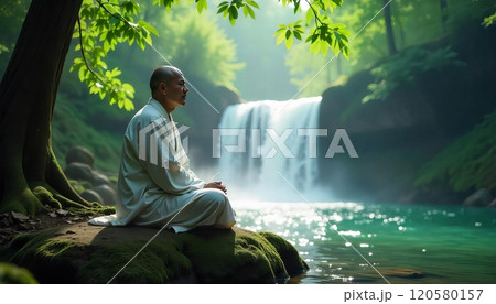 Buddhist monk meditation in the forest, waterfall 120580157