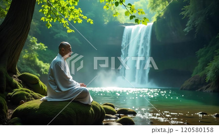 Buddhist monk meditation in the forest, waterfall Buddhist monk meditation in the forest, waterfall 120580158