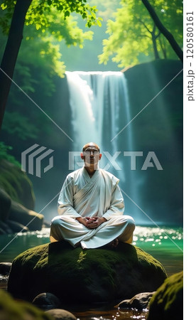 Buddhist monk meditation in the forest, waterfall Buddhist monk meditation in the forest, waterfall 120580161
