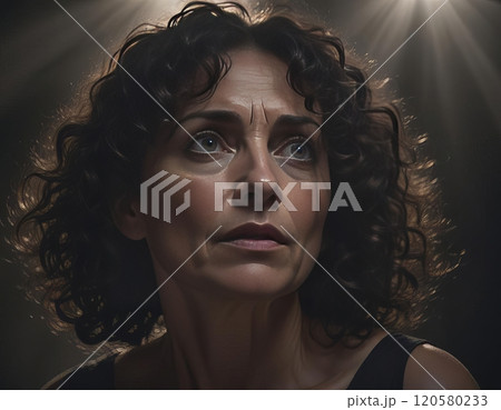portrait of a woman in a studio setup with a dark and moody atmosphere and an enigmatic expression on her face portrait of a woman in a studio setup with a dark and moody atmosphere and an enigmatic expression on her face 120580233