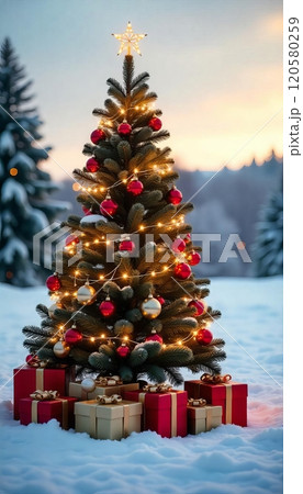 Christmas tree decorated with golden and red balls standing in the snow with gift boxes under, vertical photo 120580259
