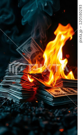 Inflation or burning money concept with pile of dollar bills on fire Inflation or burning money concept with pile of dollar bills on fire 120580293