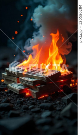 Inflation or burning money concept with pile of dollar bills on fire Inflation or burning money concept with pile of dollar bills on fire 120580294
