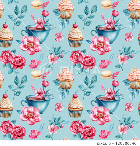 Blue cup with saucer with roses flowers, cupcake, macaroon. Watercolor floral seamless pattern with sweets. Shabby chic Blue cup with saucer with roses flowers, cupcake, macaroon. Watercolor floral seamless pattern with sweets. Shabby chic 120580540
