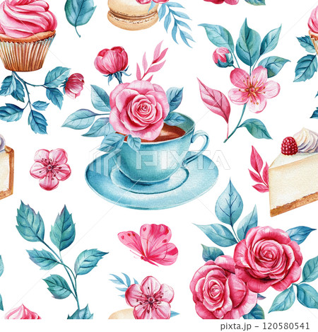 Blue cup with saucer with flowers, cupcake, cheesecake, macaroon. Watercolor seamless pattern with roses and sweets 120580541