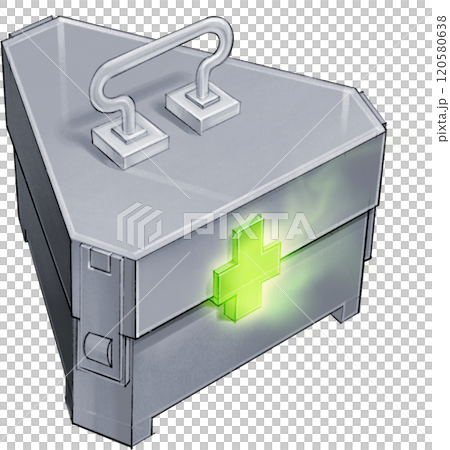 Emergency first aid kit with glowing green cross symbol Emergency first aid kit with glowing green cross symbol 120580638