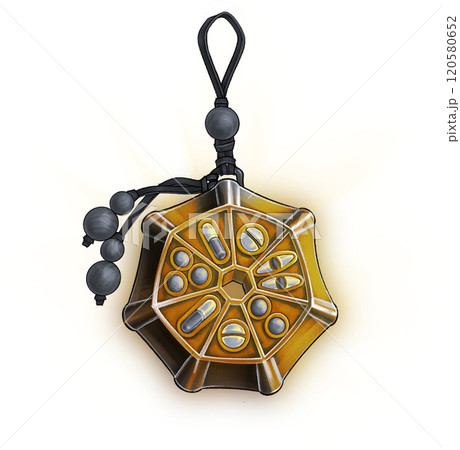 Golden amulet pill case design with decorative beads 120580652
