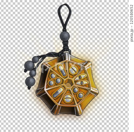 Golden amulet pill case design with decorative beads 120580652