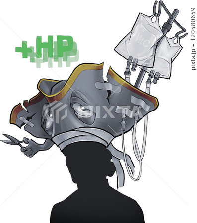 Concept art of an enchanted living Munchhausen's hat with a scissors and IV drips 120580659
