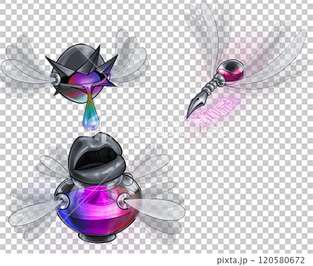 Surreal inkwell and quill, flying on insect-like wings Surreal inkwell and quill, flying on insect-like wings 120580672