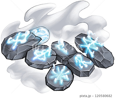 Mystic glowing pill shaped runestones with ancient runes 120580682