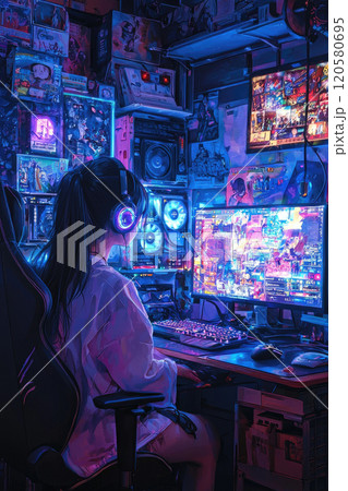 Female asian teen gaming in neon-lit room with screens and posters, girl plays computer, anime and game concept Female asian teen gaming in neon-lit room with screens and posters, girl plays computer, anime and game concept 120580695