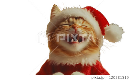 Playful Cat in Santa Costume Laughing Amid Festive Christmas Lights_2_Transparent 120581519