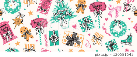 Merry Christmas seamless pattern, vector winter holiday New Year texture, present box, Santa mail. Merry Christmas seamless pattern, vector winter holiday New Year texture, present box, Santa mail. 120581543