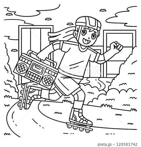 Female Inline Skater with Radio Coloring Page  120581742