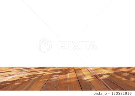 Empty wooden table top isolated on white background for montage product display 120581919