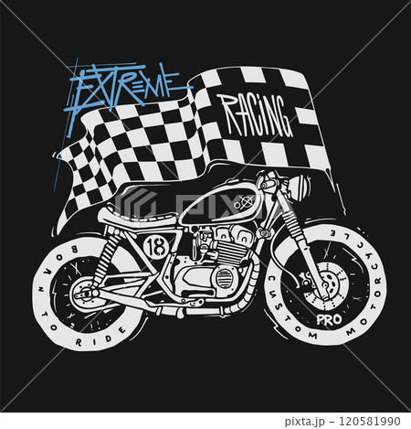 Hand drawn motorcycle with flag, extreeme racing, t-shirt print design. 120581990