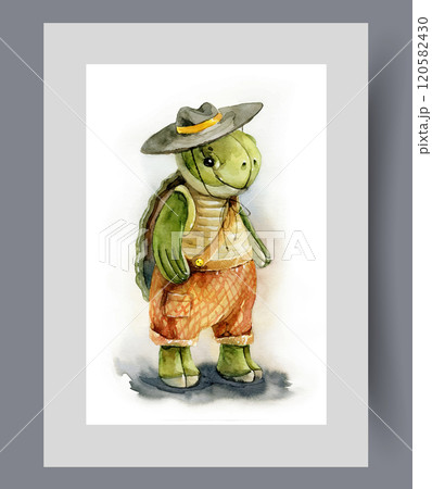 Soft toy doll turtle in hat and t-shirt with shorts on wall art. Watercolor artwork 120582430