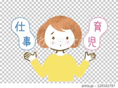 Hand-drawn illustration of a woman struggling to balance work and childcare 120582797