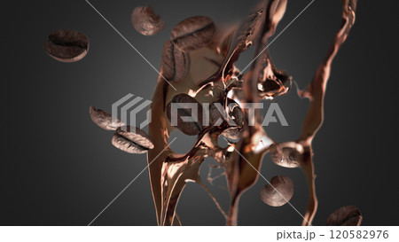 Coffee beans falling splash mockup, depth of field, black background Coffee beans falling splash mockup, depth of field, black background 120582976