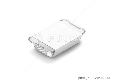 Blank silver aluminium foil container with white paper label mockup 120582978