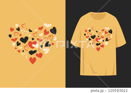 T shirt print design with heart shape made of different hearts. Heart symbols print with grunge texture 120583022