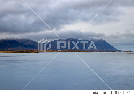 Landscape with cloudy sky, Hvanneyri, Iceland 120583174