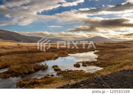 Autumn nature with a river, Lundur, Iceland Autumn nature with a river, Lundur, Iceland 120583189