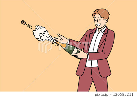 Man opens bottle of champagne or sparkling wine to celebrate birthday at party with friends 120583211