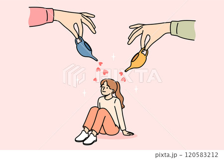 Parents care and give love to little girl by showering baby with miniature jugs with hearts Parents care and give love to little girl by showering baby with miniature jugs with hearts 120583212