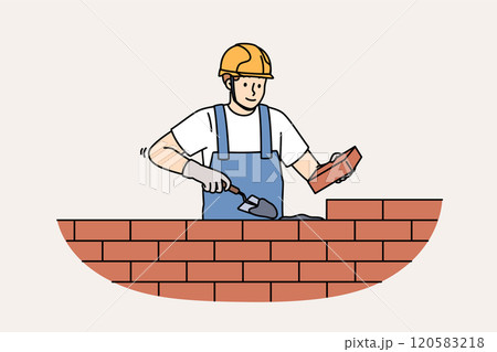 Man bricklayer builds brick wall by spreading concrete mortar to create strong house or cottage Man bricklayer builds brick wall by spreading concrete mortar to create strong house or cottage 120583218