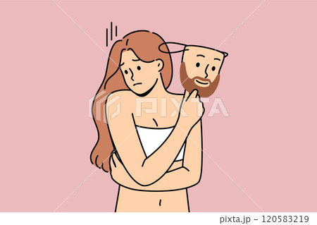 Transgender woman suffers from gender identity and dreams of becoming man, and holds male mask Transgender woman suffers from gender identity and dreams of becoming man, and holds male mask 120583219