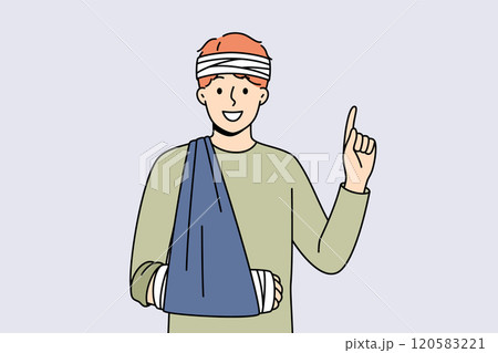 Injured man with bandaged head and hand pointing finger up recommending getting health insurance 120583221