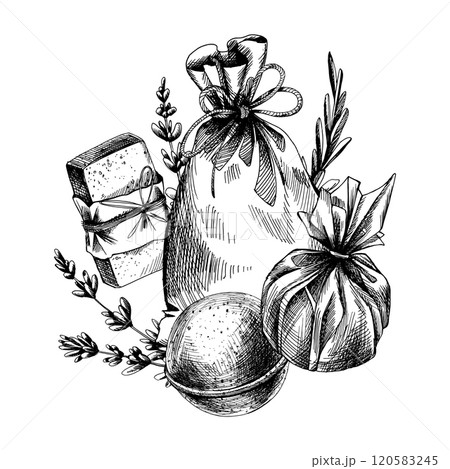 Handmade soap and bath bombs, a canvas bag with lavender sprigs. Graphic illustration line art hand drawn in black and white colors monochrome. Arrangement, composition, sublimation Handmade soap and bath bombs, a canvas bag with lavender sprigs. Graphic illustration line art hand drawn in black and white colors monochrome. Arrangement, composition, sublimation 120583245