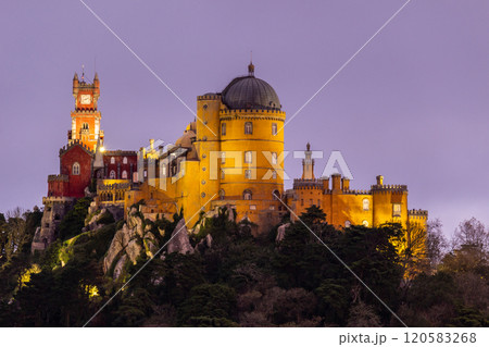 Illuminated Pena Palace in Sintra at Evening Twilight. Portugal Illuminated Pena Palace in Sintra at Evening Twilight. Portugal 120583268
