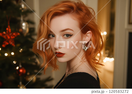 Portrait of a beautiful red-haired young woman on the background of a Christmas tree 120583272