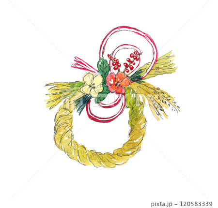 お正月　年賀状　素材　しめ縄　水彩　手書き 120583339