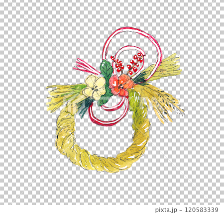 お正月　年賀状　素材　しめ縄　水彩　手書き 120583339