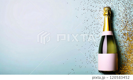 Champagne bottle celebrating new year's eve with golden confetti 120583452