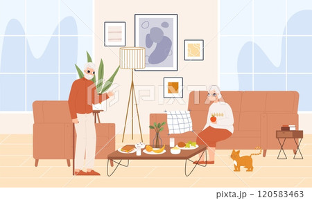 Old couple eating in living room. Breakfast, lunch or dinner together. Grandparents at home, retirement, romantic eat in family. Cozy vector scene Old couple eating in living room. Breakfast, lunch or dinner together. Grandparents at home, retirement, romantic eat in family. Cozy vector scene 120583463
