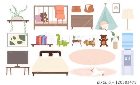 Home interior and accessories. Bed for baby and adults, children toys, carpets, cooler with water. Tv on table, plant, books on shelf, vector collection 120583475