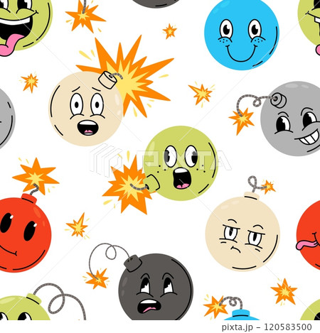 Cartoon crazy bombs seamless pattern. Cute emotional bomb with fire splashes. Funny abstract print for wrapping fabric wallpaper, vector background 120583500