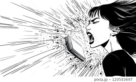 Woman screaming shattering smartphone with sound waves 120583697