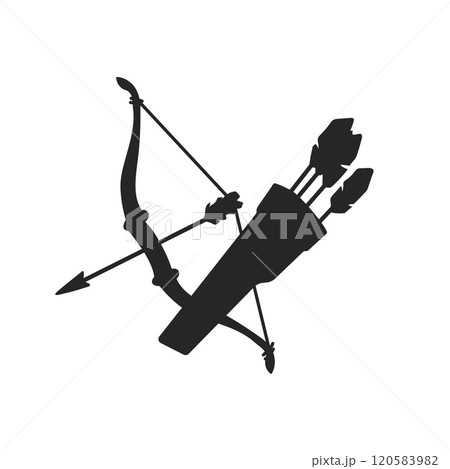Bow and quiver icon. Isolated black symbol of medieval weapon. Hunter equipment. Longbow simple art. Archery festival logo 120583982