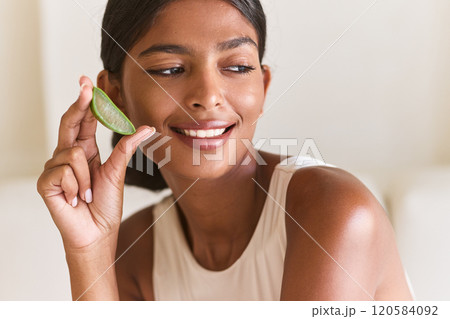 Healthy Skin Care Woman Smiling Holding Fresh Aloe Vera Slice 120584092