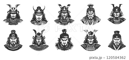 Japanese angry warrior portrait set. Front view. Traditional head wear and hear style. Samurai ninja asian man. Simple black and white flat linocut silhouette style. Isolated vector on white 120584362